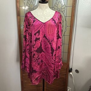 East Silk Viscose Pink Paisley Print Tunic Long Sleeve Blouse Top Size 16